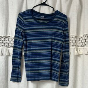 Eddie Bauer Striped Long Sleeve Crew Top in Navy and Teal